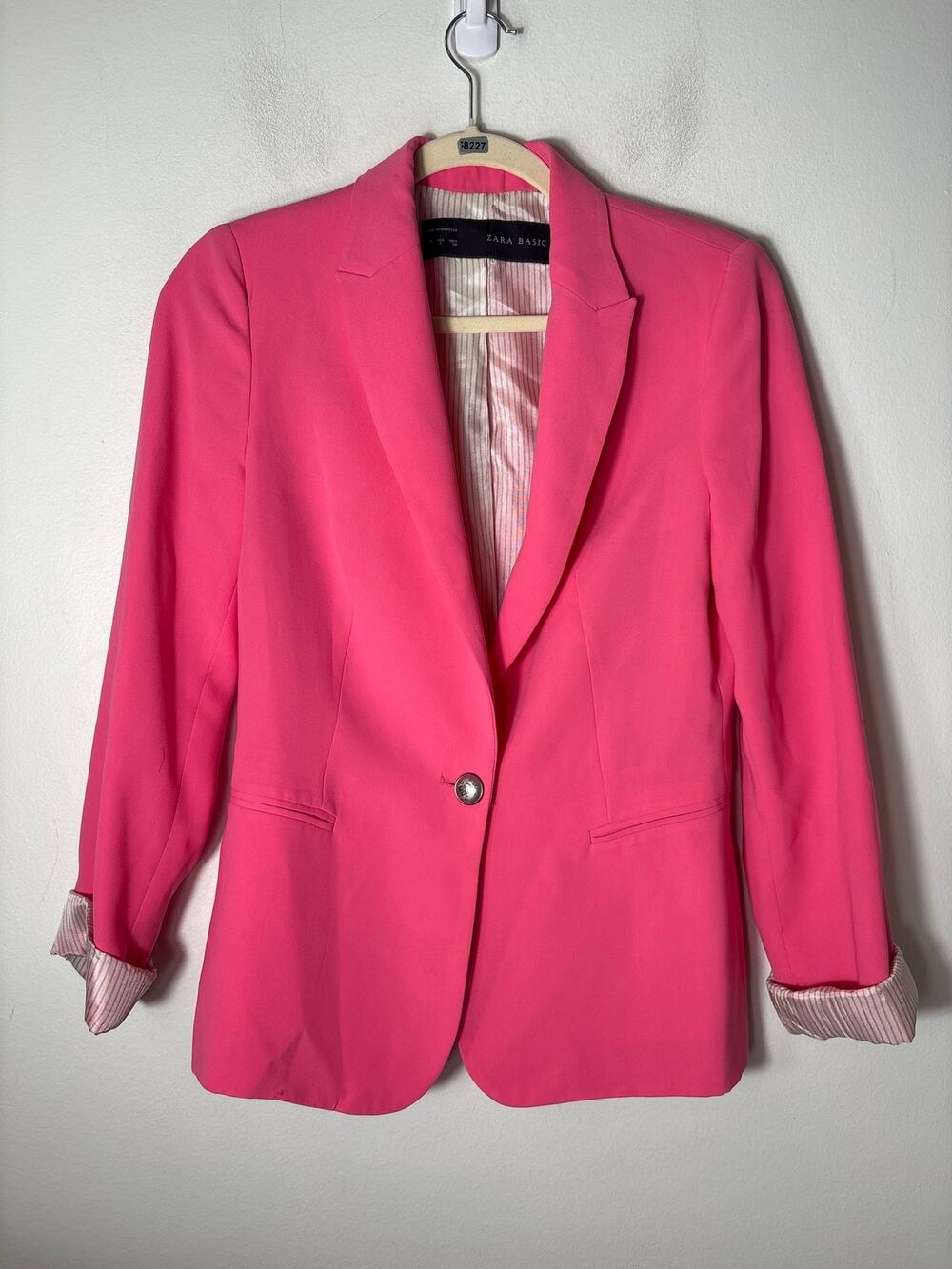 Zara Basic Bright Pink Long Sleeve One Button Blazer Sz S